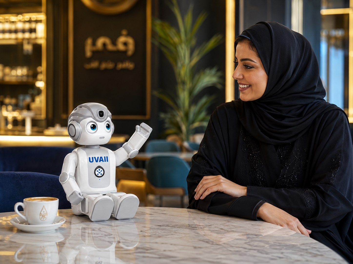 Mini Bot at a cafe table